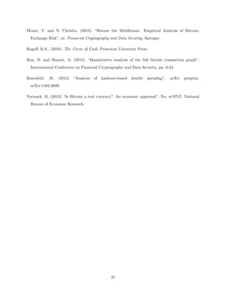 Moore, T. and N. Christin, (2013). “Beware the Middleman: Empirical Analysis of Bitcoin-
Exchange Risk”, in: Financial Cryptography and Data Security, Springer.
Rogoff, K.S., (2016). The Curse of Cash, Princeton University Press.
Ron, D. and Shamir, A. (2013). “Quantitative analysis of the full bitcoin transaction graph”,
International Conference on Financial Cryptography and Data Security, pp. 6-24.
Rosenfeld, M. (2014) “Analysis of hashrate-based double spending”, arXiv preprint,
arXiv:1402.2009.
Yermack, D. (2013) “Is Bitcoin a real currency? An economic appraisal”, No. w19747. National
Bureau of Economic Research.
37
 