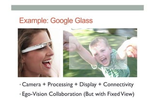 Example: Google Glass
• Camera + Processing + Display + Connectivity
• Ego-Vision Collaboration (But with FixedView)
 