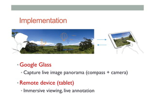 Implementation
• Google Glass
• Capture live image panorama (compass + camera)
• Remote device (tablet)
• Immersive viewing, live annotation
 