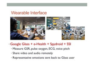 Wearable Interface
• Google Glass + e-Health + Spydroid + SSI
• Measure GSR, pulse oxygen, ECG, voice pitch
• Share video and audio remotely
• Representative emotions sent back to Glass user
!
!
 