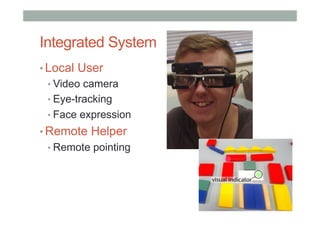 Integrated System
• Local User
• Video camera
• Eye-tracking
• Face expression
• Remote Helper
• Remote pointing
 