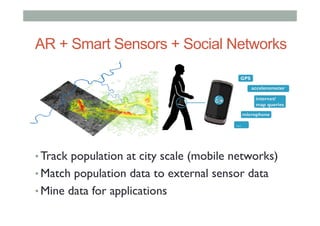 AR + Smart Sensors + Social Networks
• Track population at city scale (mobile networks)
• Match population data to external sensor data
• Mine data for applications
 