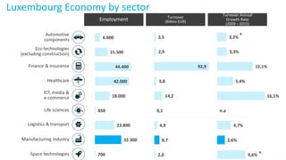 Luxembourg Economy by sector
Employment Turnover
(Billion EUR)
Turnover Annual
Growth Rate
(2009 – 2015)
6.600
15.500
44.400
42.000
18.000
850
23.800
32.300
700
2,5
2,9
92,9
3,8
14,2
0,1
4,9
8,7
2,0
3,2%
3,3%
12,1%
5,4%
16,1%
n.a
4,7%
2,6%
9,6% *
*
Manufacturing industry
Space technologies
Automotive
components
Eco technologies
(excluding construction)
Finance & insurance
Healthcare
ICT, media &
e-commerce
Life sciences
Logistics & transport
 