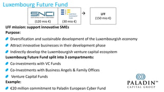 LFF mission: support innovative SMEs
Purpose:
Diversification and sustainable development of the Luxembourgish economy
Attract innovative businesses in their development phase
Indirectly develop the Luxembourgish venture capital ecosystem
Luxembourg Future Fund split into 3 compartments:
Co-investments with VC Funds
Co-Investments with Business Angels & Family Offices
Venture Capital Funds
Example:
€20 million commitment to Paladin European Cyber Fund
Luxembourg Future Fund
(120 mio €) (30 mio €)
 LFF
(150 mio €)
 