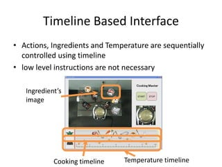 Timeline Based Interface
• Actions, Ingredients and Temperature are sequentially
controlled using timeline
• low level instructions are not necessary
Cooking timeline Temperature timeline
Ingredient’s
image
 