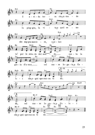 ~~#
So l Re
t J I ] J '" Bi J.(zt.o i
J• • ~.
è a - ri - da te!' ra che~at -ten - de
. ,~lf
Si- Fa #-
J J J 2J
,
F i
)g)t r l • J.
la piog-gia, la vi ta3 quel se - me
Doq
J I~La
~#
Sol Re
±
jl ~ ... .e-
t J -J J lJ} J. t J I
•
J
che sap-pia mar-ci - re, e~al - lor:
~~ Re 8016
~ # ~ a 3 J g 3j?ij S::3:
La Re Sol
13
,
J~
can - ta lava' per le stra - de del moD--:: do,_
La 7.;:. ~ L a Re Mi-7
~ # 3Sl tj)l Sl r OO
• 3 l
gio - ia d'a -mar, _ col cuo - re le - ga - to~a Co -
t ~ Fa# - 8 i-
~ # F ~
lu - i
I 1 .- 2 .
La R~
J. j i 33 Il ;
che~o - gni spe-ran - za ti dà.
J~
I
Fa #7
r :11
I 3 .
i# Re
~ # 3:
Mi - 7 La 7
I r r j ~ j
Fa #- Si-
l I F ~
dà , col cuo - re le - ga - to a Co - lu - i
Sol ~ Sol
';:'Ii Mi-7 L a Re Re Re La Re
~~jj F l j 333 It -=t'57
li y t - Il
chey -gni spe-ran-za ti dà:- ~
23
 
