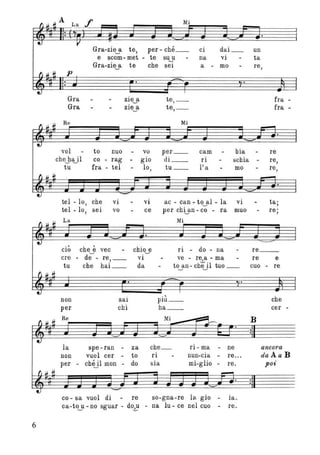 6
La f Mi
Gra-zie~a te, per - ché __
e scom- met - te suy
ci dai __
na vi
Gra-zie~a te che seI a - mo
p
Gra zie~a te, _ _
Gl'a zie~a te, __
Re Mi
voI to nuo vo per __ cam bia
cheJH~)1 co - rag gio di __ l'i schia
tu fra - tel lo, tu __ l'a mo
tel - lo, che vi VI ac - can - to al - la vi
tel - lo, sei vo ce per chuw - c'C; - ra muo
La Mi
ciò che è vec chio~e ri - do - na
ere - de - re, __ vi ve - re a - ma-L-
tu che hai __ da to~an - ehejl tuo __
sai
.,
non plU __
per chi ha _ _
Re Mi
la spe - ran za che _ ri - ma - ne
non vuoI cer - to ri nun-eia - re...
per - ché il mon do sia mi-glio re.
co - sa vuoI di re so-gna-re la. gio ia.
ca-to~u - no sguar - do}! - na lu - ce nel euo re.
un
ta
re,
fra
fra
re
re,
re,
ta;
re;
re ___
re e
cuo - re
che
cer
B
ancora
-
-
-
daAaB
poi
 