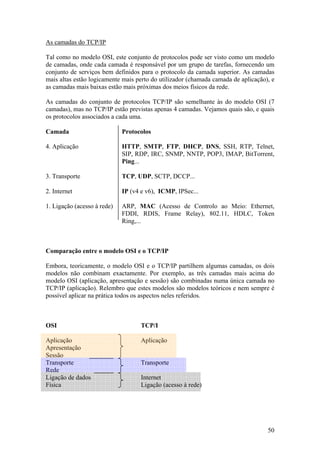 50
As camadas do TCP/IP
Tal como no modelo OSI, este conjunto de protocolos pode ser visto como um modelo
de camadas, onde cada camada é responsável por um grupo de tarefas, fornecendo um
conjunto de serviços bem definidos para o protocolo da camada superior. As camadas
mais altas estão logicamente mais perto do utilizador (chamada camada de aplicação), e
as camadas mais baixas estão mais próximas dos meios físicos da rede.
As camadas do conjunto de protocolos TCP/IP são semelhante às do modelo OSI (7
camadas), mas no TCP/IP estão previstas apenas 4 camadas. Vejamos quais são, e quais
os protocolos associados a cada uma.
Camada Protocolos
4. Aplicação HTTP, SMTP, FTP, DHCP, DNS, SSH, RTP, Telnet,
SIP, RDP, IRC, SNMP, NNTP, POP3, IMAP, BitTorrent,
Ping...
3. Transporte TCP, UDP, SCTP, DCCP...
2. Internet IP (v4 e v6), ICMP, IPSec...
1. Ligação (acesso à rede) ARP, MAC (Acesso de Controlo ao Meio: Ethernet,
FDDI, RDIS, Frame Relay), 802.11, HDLC, Token
Ring,...
Comparação entre o modelo OSI e o TCP/IP
Embora, teoricamente, o modelo OSI e o TCP/IP partilhem algumas camadas, os dois
modelos não combinam exactamente. Por exemplo, as três camadas mais acima do
modelo OSI (aplicação, apresentação e sessão) são combinadas numa única camada no
TCP/IP (aplicação). Relembro que estes modelos são modelos teóricos e nem sempre é
possível aplicar na prática todos os aspectos neles referidos.
OSI TCP/I
Aplicação Aplicação
Apresentação
Sessão
Transporte Transporte
Rede
Ligação de dados Internet
Física Ligação (acesso à rede)
 