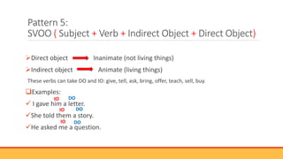 Pattern 5:
SVOO ( Subject + Verb + Indirect Object + Direct Object)
Direct object Inanimate (not living things)
Indirect object Animate (living things)
These verbs can take DO and IO: give, tell, ask, bring, offer, teach, sell, buy.
Examples:
 I gave him a letter.
She told them a story.
He asked me a question.
DO
DO
DO
IO
IO
IO
 
