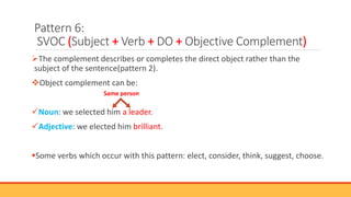 Pattern 6:
SVOC (Subject + Verb + DO + Objective Complement)
The complement describes or completes the direct object rather than the
subject of the sentence(pattern 2).
Object complement can be:
Noun: we selected him a leader.
Adjective: we elected him brilliant.
Some verbs which occur with this pattern: elect, consider, think, suggest, choose.
Same person
 