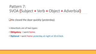 Pattern 7:
SVOA (Subject + Verb + Object + Adverbial)
He closed the door quickly (yesterday).
Adverbials are of two types:
Obligatory : I went home.
Optional: I went home yesterday at night at 10 o’clock.
 