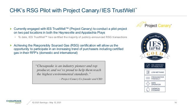1Q 2021 Earnings – May 12, 2021
CHK’s RSG Pilot with Project Canary/IES TrustWell™
Currently engaged with IES TrustWell™ (...