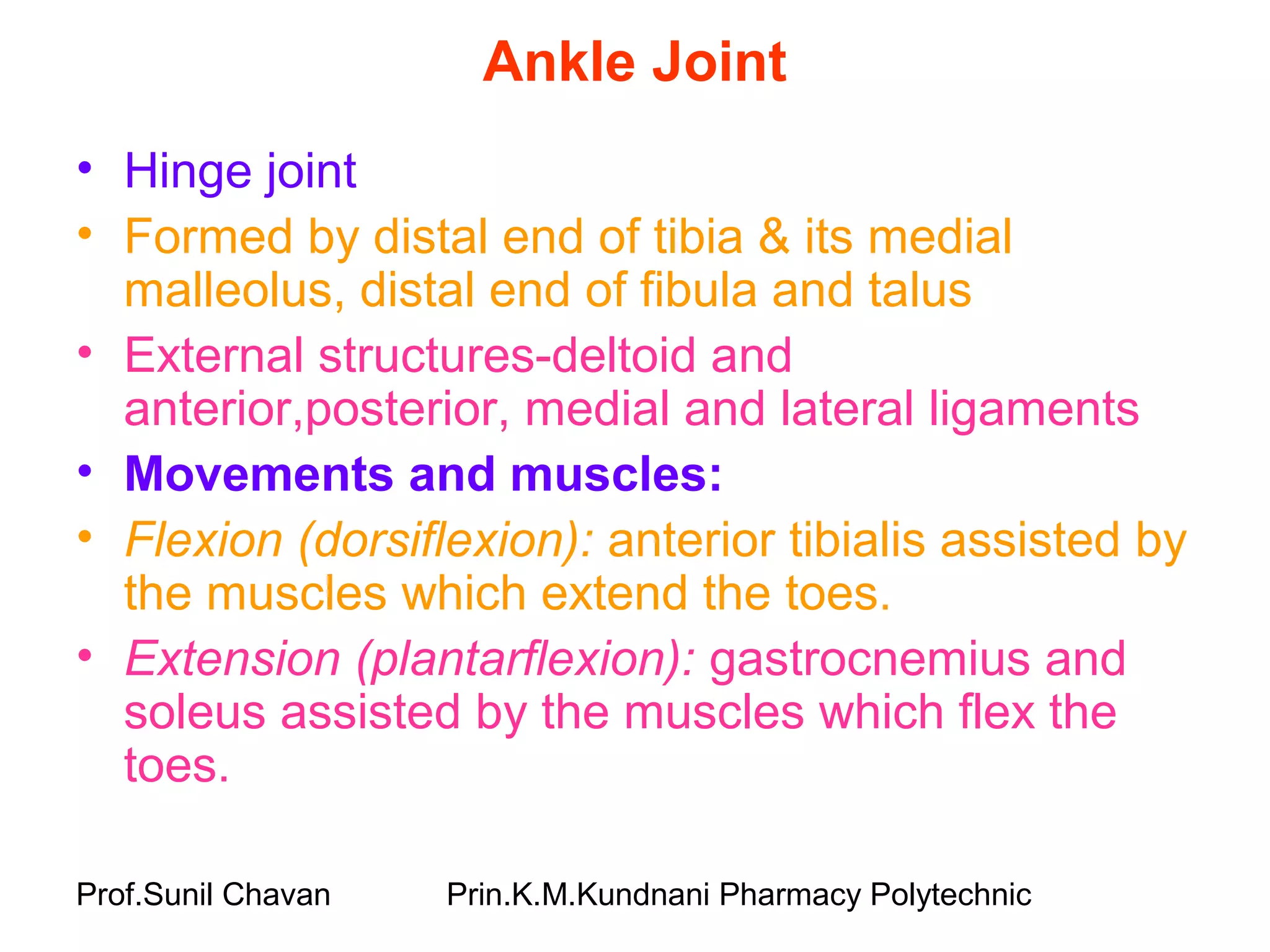 Prof.Sunil Chavan Prin.K.M.Kundnani Pharmacy Polytechnic
Ankle Joint
• Hinge joint
• Formed by distal end of tibia & its medial
malleolus, distal end of fibula and talus
• External structures-deltoid and
anterior,posterior, medial and lateral ligaments
• Movements and muscles:
• Flexion (dorsiflexion): anterior tibialis assisted by
the muscles which extend the toes.
• Extension (plantarflexion): gastrocnemius and
soleus assisted by the muscles which flex the
toes.
 