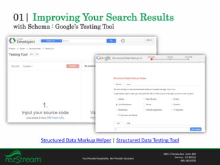 01| Improving Your Search Results
with Schema : Google’s Testing Tool
You Provide Hospitality. We Provide Solutions
3801 E Florida Ave. Suite 800
Denver, CO 80210
866.360.8200
Structured Data Markup Helper | Structured Data Testing Tool
 