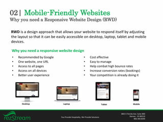 02| Mobile-Friendly Websites
Why you need a Responsive Website Design (RWD)
You Provide Hospitality. We Provide Solutions
3801 E Florida Ave. Suite 800
Denver, CO 80210
866.360.8200
RWD is a design approach that allows your website to respond itself by adjusting
the layout so that it can be easily accessible on desktop, laptop, tablet and mobile
devices.
Desktop Laptop Tablet Mobile
Why you need a responsive website design
• Recommended by Google
• One website, one URL
• Access to all pages
• Access on all devices
• Better user experience
• Cost effective
• Easy to manage
• Help combat high bounce rates
• Increase conversion rates (bookings)
• Your competition is already doing it
 