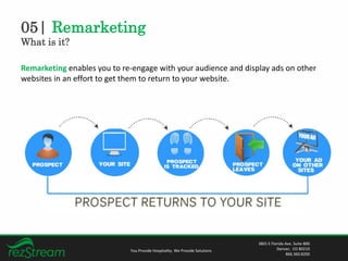05| Remarketing
What is it?
You Provide Hospitality. We Provide Solutions
3801 E Florida Ave. Suite 800
Denver, CO 80210
866.360.8200
Remarketing enables you to re-engage with your audience and display ads on other
websites in an effort to get them to return to your website.
 