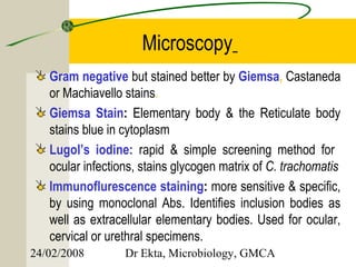 Microscopy
   Gram negative but stained better by Giemsa, Castaneda
   or Machiavello stains.
   Giemsa Stain: Elementary body & the Reticulate body
   stains blue in cytoplasm
   Lugol’s iodine: rapid & simple screening method for
   ocular infections, stains glycogen matrix of C. trachomatis
   Immunoflurescence staining: more sensitive & specific,
   by using monoclonal Abs. Identifies inclusion bodies as
   well as extracellular elementary bodies. Used for ocular,
   cervical or urethral specimens.
24/02/2008        Dr Ekta, Microbiology, GMCA
 