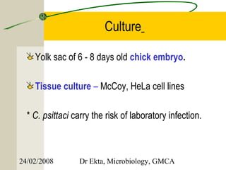 Culture

    Yolk sac of 6 - 8 days old chick embryo.

    Tissue culture – McCoy, HeLa cell lines

  * C. psittaci carry the risk of laboratory infection.



24/02/2008       Dr Ekta, Microbiology, GMCA
 
