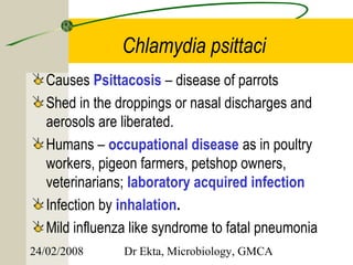 Chlamydia psittaci
   Causes Psittacosis – disease of parrots
   Shed in the droppings or nasal discharges and
   aerosols are liberated.
   Humans – occupational disease as in poultry
   workers, pigeon farmers, petshop owners,
   veterinarians; laboratory acquired infection
   Infection by inhalation.
   Mild influenza like syndrome to fatal pneumonia
24/02/2008      Dr Ekta, Microbiology, GMCA
 