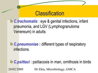 Classification
   C.trachomatis : eye & genital infections, infant
   pneumonia, and LGV (Lymphogranuloma
   Venereum) in adults

   C.pneumoniae : different types of respiratory
   infections.

   C.psittaci : psittacosis in man, ornithosis in birds
24/02/2008       Dr Ekta, Microbiology, GMCA
 