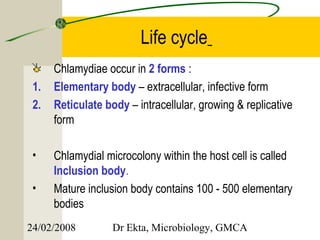 Life cycle
      Chlamydiae occur in 2 forms :
 1.   Elementary body – extracellular, infective form
 2.   Reticulate body – intracellular, growing & replicative
      form

 •    Chlamydial microcolony within the host cell is called
      Inclusion body.
 •    Mature inclusion body contains 100 - 500 elementary
      bodies
24/02/2008         Dr Ekta, Microbiology, GMCA
 