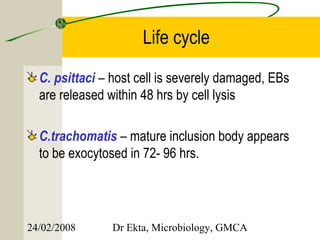 Life cycle
  C. psittaci – host cell is severely damaged, EBs
  are released within 48 hrs by cell lysis

  C.trachomatis – mature inclusion body appears
  to be exocytosed in 72- 96 hrs.




24/02/2008      Dr Ekta, Microbiology, GMCA
 