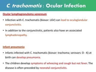 C. trachomatis : Ocular Infection
Ocular lymphogranuloma venereum
• Infection with C. trachomatis (biovar: LGV) can lead to oculoglandular
conjunctivitis.
• In addition to the conjunctivitis, patients also have an associated
lymphadenopathy.
Infant pneumonia
• Infants infected with C. trachomatis (biovar: trachoma; serovars: D - K) at
birth can develop pneumonia.
• The children develop symptoms of wheezing and cough but not fever. The
disease is often preceded by neonatal conjunctivitis.
 
