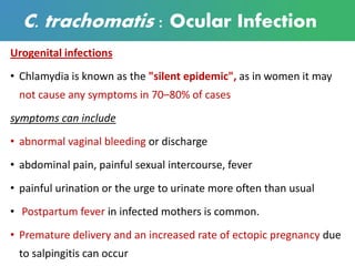 C. trachomatis : Ocular Infection
Urogenital infections
• Chlamydia is known as the "silent epidemic", as in women it may
not cause any symptoms in 70–80% of cases
symptoms can include
• abnormal vaginal bleeding or discharge
• abdominal pain, painful sexual intercourse, fever
• painful urination or the urge to urinate more often than usual
• Postpartum fever in infected mothers is common.
• Premature delivery and an increased rate of ectopic pregnancy due
to salpingitis can occur
 