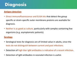 Diagnosis
Antigen detection
• Direct immunofluorescence and ELISA kits that detect the group
specific or strain-specific outer membrane proteins are available for
diagnosis.
• Neither is as good as culture, particularly with samples containing few
organisms (e.g. asymptomatic patients).
Serology
• Serological tests for diagnosis are of limited value in adults, since the
tests do not distinguish between current and past infections.
• Detection of high titer IgM antibodies is indicative of a recent infection.
• Detection of IgM antibodies in neonatal infection is useful.
 