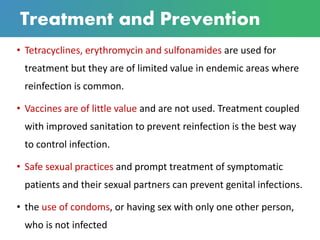 Treatment and Prevention
• Tetracyclines, erythromycin and sulfonamides are used for
treatment but they are of limited value in endemic areas where
reinfection is common.
• Vaccines are of little value and are not used. Treatment coupled
with improved sanitation to prevent reinfection is the best way
to control infection.
• Safe sexual practices and prompt treatment of symptomatic
patients and their sexual partners can prevent genital infections.
• the use of condoms, or having sex with only one other person,
who is not infected
 
