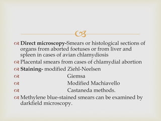 
 Direct microscopy-Smears or histological sections of
organs from aborted foetuses or from liver and
spleen in cases of avian chlamydiosis
 Placental smears from cases of chlamydial abortion
 Staining- modified Ziehl-Neelsen
 Giemsa
 Modified Machiavello
 Castaneda methods.
 Methylene blue-stained smears can be examined by
darkfield microscopy.
 