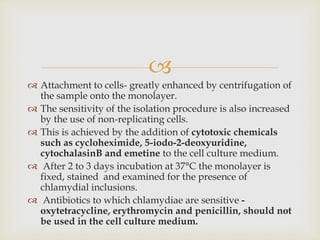 
 Attachment to cells- greatly enhanced by centrifugation of
the sample onto the monolayer.
 The sensitivity of the isolation procedure is also increased
by the use of non-replicating cells.
 This is achieved by the addition of cytotoxic chemicals
such as cycloheximide, 5-iodo-2-deoxyuridine,
cytochalasinB and emetine to the cell culture medium.
 After 2 to 3 days incubation at 37°C the monolayer is
fixed, stained and examined for the presence of
chlamydial inclusions.
 Antibiotics to which chlamydiae are sensitive -
oxytetracycline, erythromycin and penicillin, should not
be used in the cell culture medium.
 