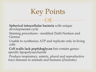 
Spherical intracellular bacteria with unique
developmental cycle
Staining procedures - modified Ziehl-Neelsen and
Giemsa
Unable to synthesize ATP and replicate only in living
cells
Cell walls lack peptidoglycan but contain genus-
specific lipopolysaccharide
Produce respiratory, enteric, plural and reproductive
tract diseases in animals and humans (Zoonotic)
Key Points
 