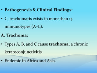 • Pathogenesis & Clinical Findings:
• C. trachomatis exists in more than 15
immunotypes (A–L).
A. Trachoma:
• Types A, B, and C cause trachoma, a chronic
keratoconjunctivitis.
• Endemic in Africa and Asia.
 