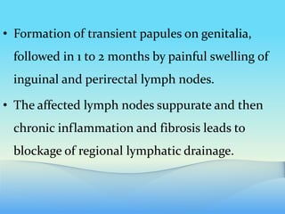• Formation of transient papules on genitalia,
followed in 1 to 2 months by painful swelling of
inguinal and perirectal lymph nodes.
• The affected lymph nodes suppurate and then
chronic inflammation and fibrosis leads to
blockage of regional lymphatic drainage.
 