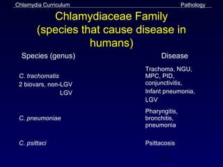 Chlamydia Curriculum                        Pathology

           Chlamydiaceae Family
        (species that cause disease in
                   humans)
  Species (genus)                 Disease
                             Trachoma, NGU,
 C. trachomatis              MPC, PID,
 2 biovars, non-LGV          conjunctivitis,
                LGV          Infant pneumonia,
                             LGV
                             Pharyngitis,
 C. pneumoniae               bronchitis,
                             pneumonia

 C. psittaci                 Psittacosis

                                   15
 