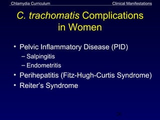 Chlamydia Curriculum           Clinical Manifestations


  C. trachomatis Complications
           in Women
 • Pelvic Inflammatory Disease (PID)
     – Salpingitis
     – Endometritis
 • Perihepatitis (Fitz-Hugh-Curtis Syndrome)
 • Reiter’s Syndrome


                                 26
 
