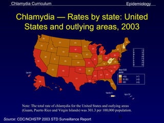 Chlamydia Curriculum                                                                                                                                                                                                                      Epidemiology


      Chlamydia — Rates by state: United
        States and outlying areas, 2003
                                         276.8

                                                                               280.1                   261.0                                                                                                                                 156.8

                                 218.3                                                                                     213.4
                                                         176.4                                         342.7                                         329.7                                                                 298.7
                                                                                                                                                                                                                                                             VT             171.9
                                                                                       192.5                                                                            324.1                                                                                NH             126.7
                                                                                                                                   221.0                                                                          302.3                                      MA             175.8
                                                 268.2                                                   274.1                                                                                                                                               RI             280.4
                                                                                                                                                                                        372.3
                                                                    168.1                                                                                383.3       277.2                                                                                   CT             271.4
                         334.4                                                                 289.3                                                                                              143.5                                                      NJ             188.2
                                                                                                               266.9                                                                                               266.5
                                                                                                                                           327.4                                                                                                             DE             375.9
                                                                                                                                                                                195.0
                                                                                                                                                                                                                                                             MD             308.4
                                                                                                                                                                                                                  314.7
                                                                                                                                                                        351.5
                                                            234.9
                                                                                       403.2
                                                                                                                   315.2
                                                                                                                                           289.9                                                      356.0
                                                                                                                                                                                                                               Rate per 100,000
            Guam 344.0                                                                                                                                                                                                         population
                                                                                                                                                                       316.7              416.9
                                                                                                                                                             424.6                                                                                                (n= 3)
                                                                                                                                                                                                                                       <=150.0
                                                                                                          317.7
                                                                                                                                                                                                                                       150.1-300.0                (n= 26)
                             605.8                                                                                                           467.8
                                                                                                                                                                                                                                       >300.0                     (n= 24)
                                                                                                                                                                                                          253.6

                                                                       440.2


                                                                                                                                                                                         Puerto Rico 71.1
                                                                                                                                                                                                                                          Virgin Is. 378.1




         Note: The total rate of chlamydia for the United States and outlying areas
         (Guam, Puerto Rico and Virgin Islands) was 301.3 per 100,000 population.

Source: CDC/NCHSTP 2003 STD Surveillance Report
                                                                                                                                                                                                                                   6
 