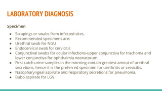 LABORATORY DIAGNOSIS
Specimen
● Scrapings or swabs from infected sites.
● Recommended specimens are:
● Urethral swab for NGU
● Endocervical swab for cervicitis
● Conjunctival swabs for ocular infections-upper conjunctiva for trachoma and
lower conjunctiva for ophthalmia neonatorum.
● First catch urine samples in the morning contain greatest amout of urethral
secretions, hence it is the preferred specimen for urethritis or cervicitis.
● Nasopharyngeal aspirate and respiratory secretions for pneumonia.
● Bubo aspirate for LGV.
 