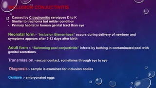 INCLUSION CONJUCTIVITIS
• Caused by C.trachomitis serotypes D to K
• Similar to trachoma but milder condition
• Primary habitat in human genital tract than eye
Neonatal form:- “Inclusion Blenorrhoea” occurs during delivery of newborn and
symptoms appears after 5-12 days after birth
Adult form :- “Swimming pool conjuctivitis” infects by bathing in contaminated pool with
genital secretions
Transmission:- sexual contact, sometimes through eye to eye
Diagnosis:- sample is examined for inclusion bodies
Culture :- embryonated eggs
K R MICRO NOTES 9
 
