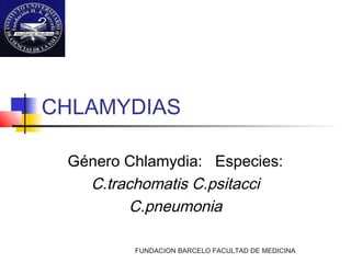 CHLAMYDIAS

 Género Chlamydia: Especies:
   C.trachomatis C.psitacci
         C.pneumonia

         FUNDACION BARCELO FACULTAD DE MEDICINA
 