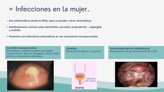 Son asintomáticas (hasta el 80%), pero se pueden volver sintomáticas
Manifestaciones clínicas están bartolinitis, cervicitis, endometritis, , salpingitis
y uretritis.
Pacientes con infecciones sintomáticas se ven secreciones mucopurulentas
Infecciones en la mujer.
Cervicitis mucopurulenta
Asintomática . presenta exudado transvaginal
mucopurulento, dolor en hipogastrio, disuria, dolor
pélvico y alteraciones menstruales.
Uretritis:
Pacientes con disuria y con piuria.
Enfermedad pélvica inflamatoria:
Recuperación de aproximadamente 25 a 50%
 