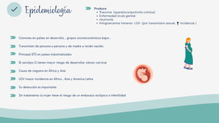 Epidemiología Tracoma (queratoconjuntivitis crónica)
Enfermedad óculo genital
neumonía
linfogranuloma Venereo LGV (por transmision sexual , incidencia )
Produce
Comunes en países en desarrollo , grupos socioeconómicos bajos .
Transmisión de persona a persona y de madre a recién nacido.
Principal ETS en países industrializados
El serotipo G tienen mayor riesgo de desarrollar cáncer cervical
Causa de ceguera en África y Asia
LGV mayor incidencia en África , Asia y America Latina
Su detección es importante
Sin tratamiento la mujer tiene el riesgo de un embarazo ectópico e infertilidad
 