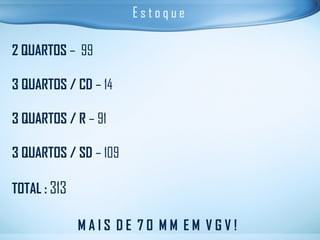 E s t o q u e  2 QUARTOS  –  99 3 QUARTOS / CD  – 14 3 QUARTOS / R  – 91 3 QUARTOS / SD  – 109 TOTAL :   313   M A I S  D E  7 0  M M  E M  V G V ! 