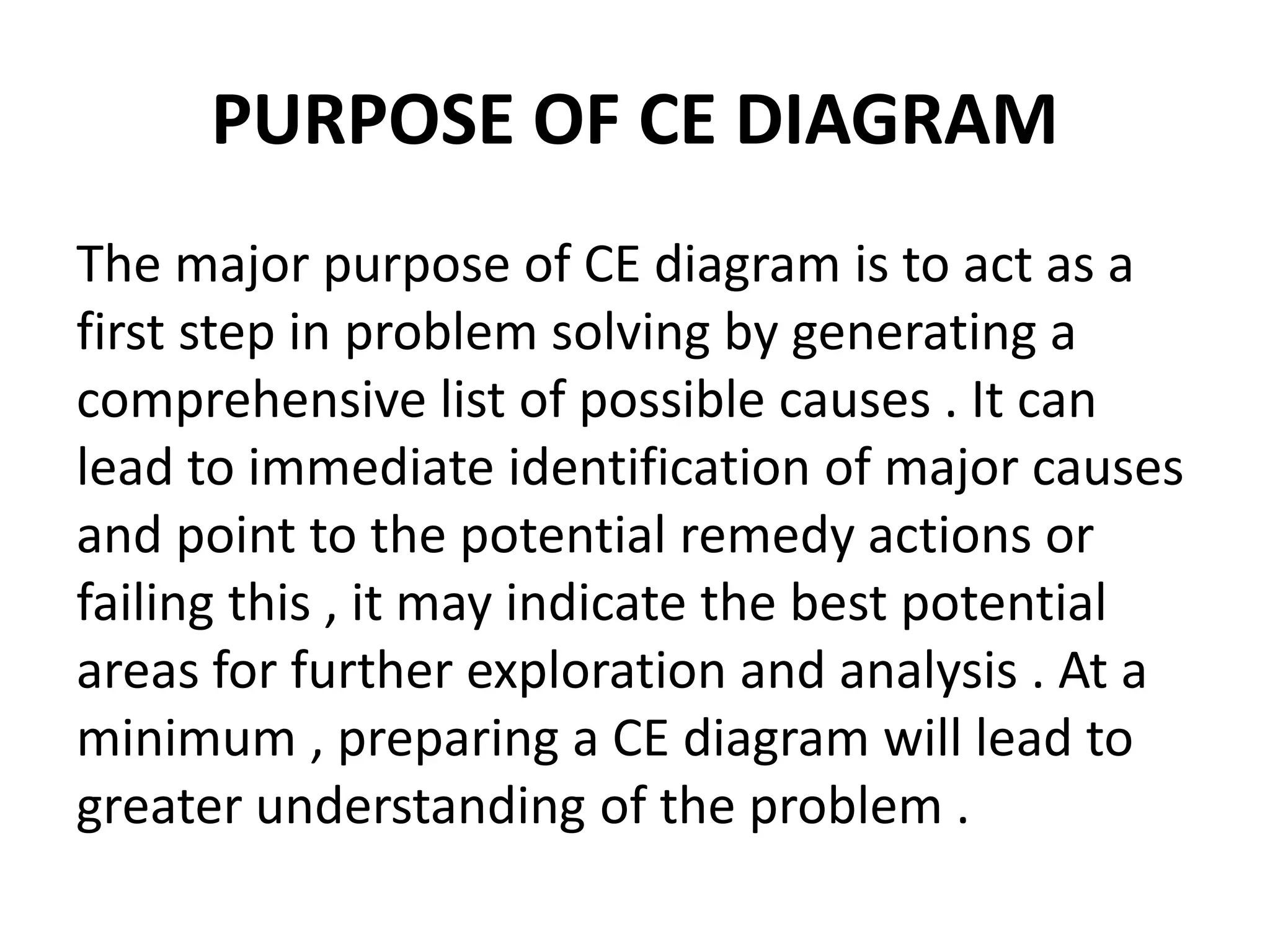 PURPOSE OF CE DIAGRAM
The major purpose of CE diagram is to act as a
first step in problem solving by generating a
comprehensive list of possible causes . It can
lead to immediate identification of major causes
and point to the potential remedy actions or
failing this , it may indicate the best potential
areas for further exploration and analysis . At a
minimum , preparing a CE diagram will lead to
greater understanding of the problem .
 