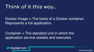 Think of it this way…
Docker Image = The basis of a Docker container.
Represents a full application.
Container = The standard unit in which the
application service resides and executes.
@chloecondon
 