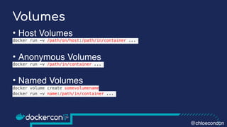 • Host Volumes
docker run -v /path/on/host:/path/in/container ...
• Anonymous Volumes
docker run -v /path/in/container ...
• Named Volumes
docker volume create somevolumename
docker run -v name:/path/in/container ...
Volumes
@chloecondon
 