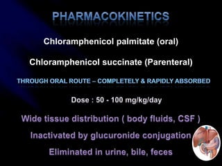 Pharmacokinetics Chloramphenicol palmitate (oral)Chloramphenicol succinate (Parenteral) through oral route – completely & rapidly absorbedDose : 50 - 100 mg/kg/day Wide tissue distribution ( body fluids, CSF )Inactivated by glucuronide conjugationEliminated in urine, bile, feces