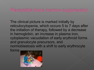    The clinical picture is marked initially by
    reticulocytopenia, which occurs 5 to 7 days after
    the initiation of therapy, followed by a decrease
    in hemoglobin, an increase in plasma iron,
    cytoplasmic vacuolation of early erythroid forms
    and granulocyte precursors, and
    normoblastosis with a shift to early erythrocyte
    forms
 