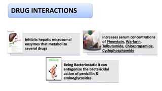 DRUG INTERACTIONS
Inhibits hepatic microsomal
enzymes that metabolize
several drugs
Increases serum concentrations
of Phenytoin, Warfarin,
Tolbutamide, Chlorpropamide,
Cyclophosphamide
Being Bacteriostatic it can
antagonize the bactericidal
action of penicillin &
aminoglycosides
 